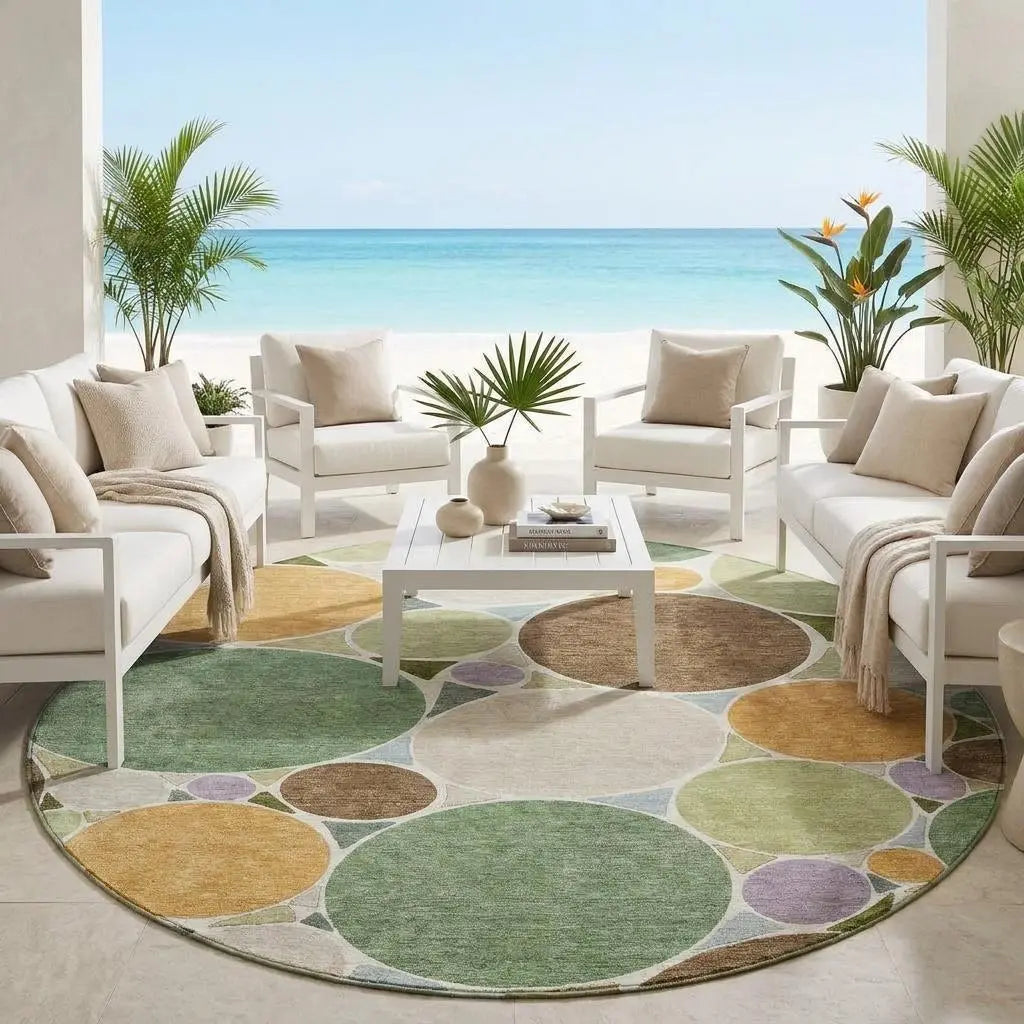 8' Green And Brown Round Geometric Washable Indoor Outdoor Area Rug Homeroots Outdoor