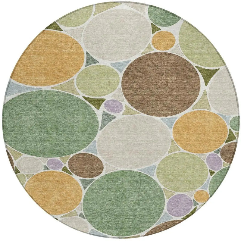 8' Green And Brown Round Geometric Washable Indoor Outdoor Area Rug Homeroots Outdoor