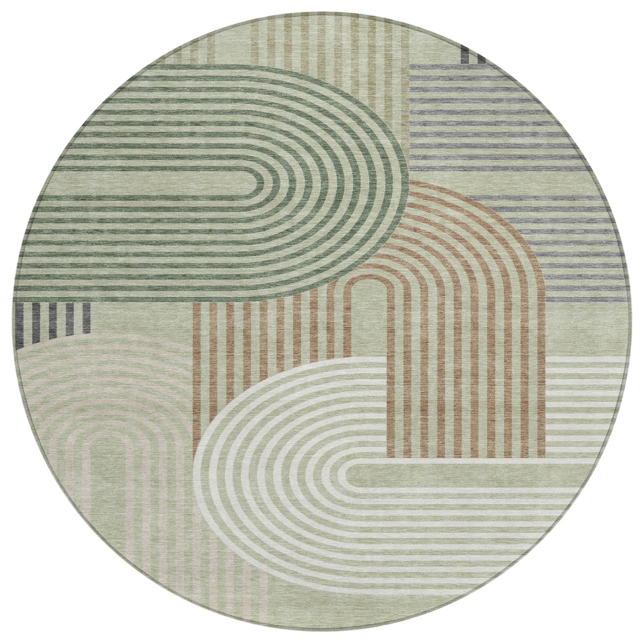 8' Green And Brown Round Geometric Washable Indoor Outdoor Area Rug Homeroots Outdoor
