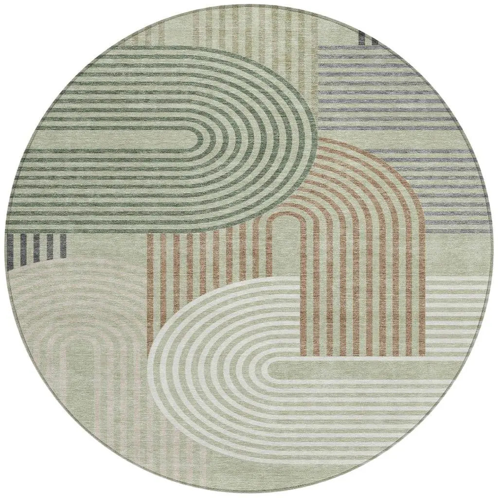 8' Green And Brown Round Geometric Washable Indoor Outdoor Area Rug Homeroots Outdoor
