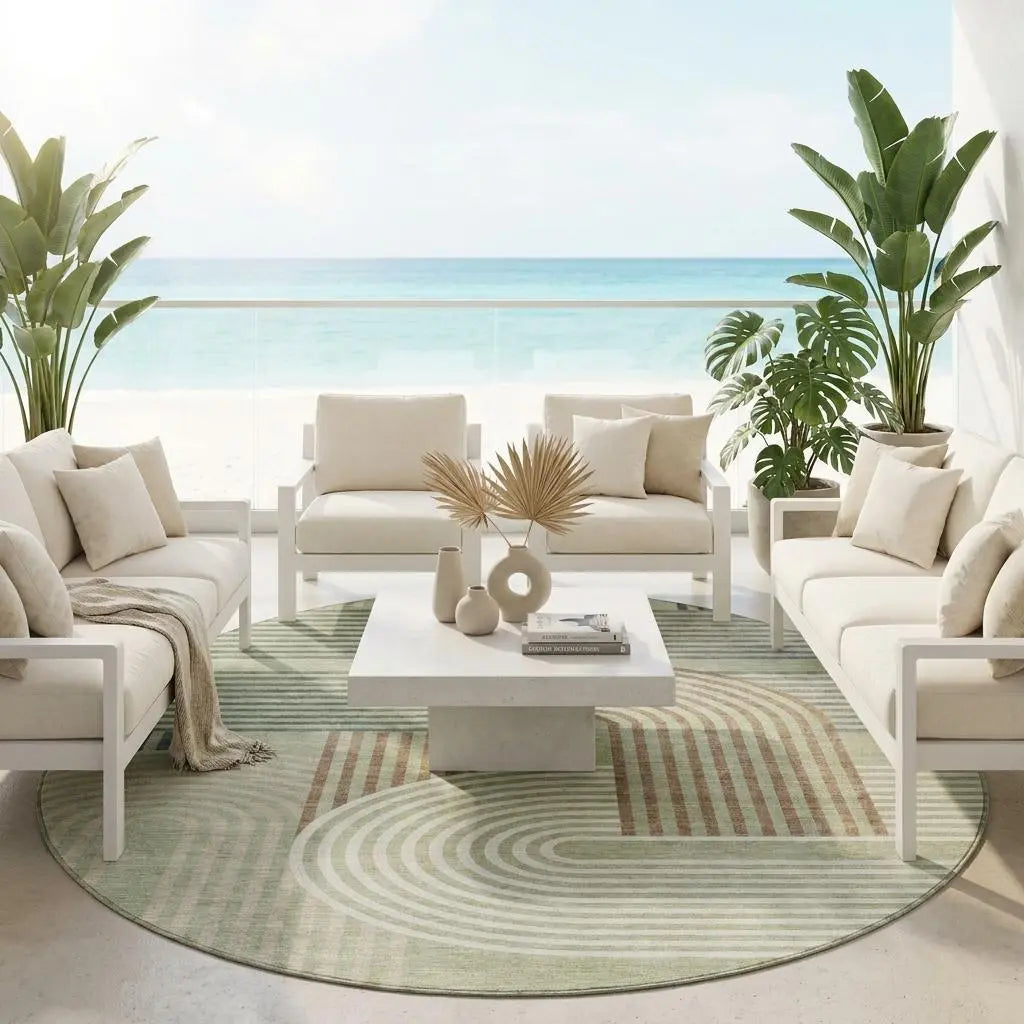 8' Green And Brown Round Geometric Washable Indoor Outdoor Area Rug Homeroots Outdoor