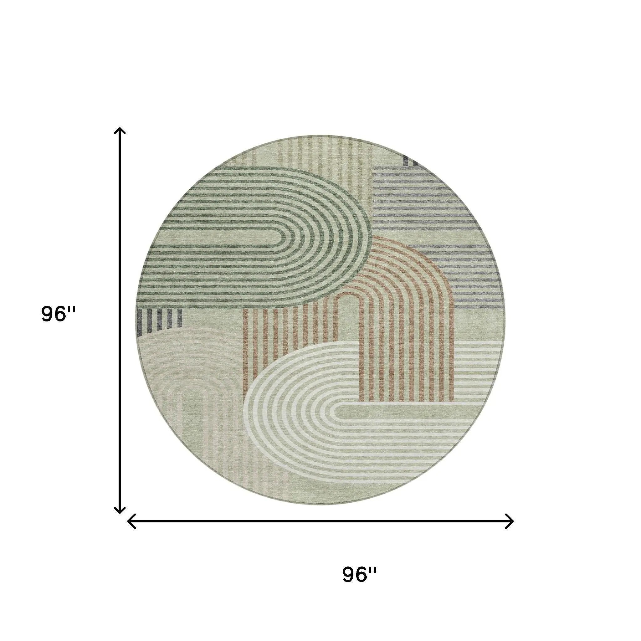 8' Green And Brown Round Geometric Washable Indoor Outdoor Area Rug Homeroots Outdoor