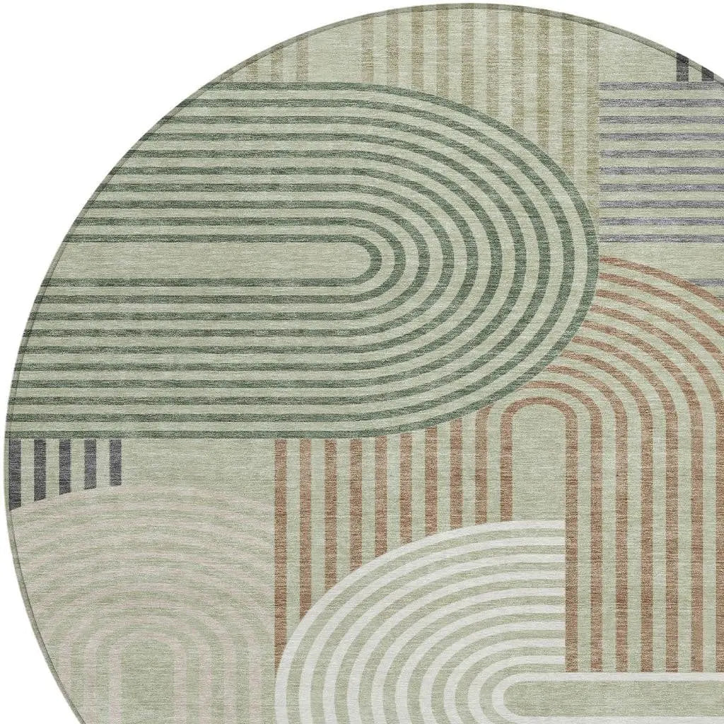 8' Green And Brown Round Geometric Washable Indoor Outdoor Area Rug Homeroots Outdoor