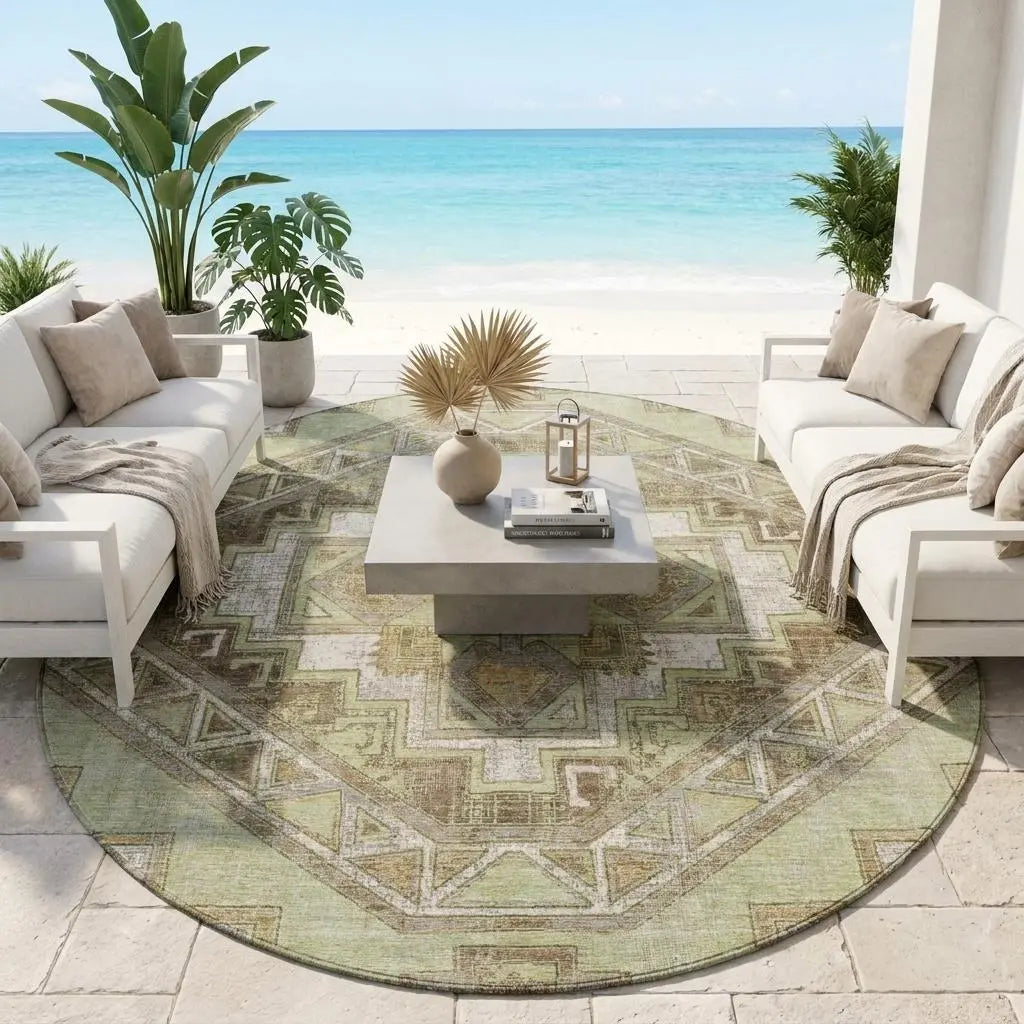 8' Green And Brown Round Southwestern Washable Indoor Outdoor Area Rug Homeroots Outdoor