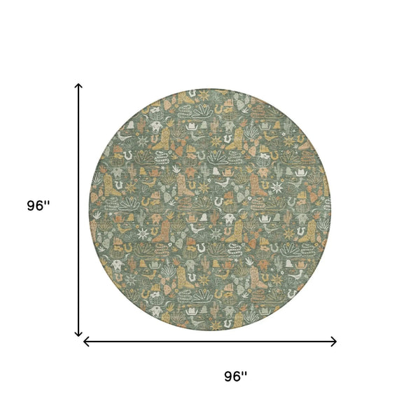 8' Green And Brown Round Stars Washable Indoor Outdoor Area Rug Homeroots Outdoor