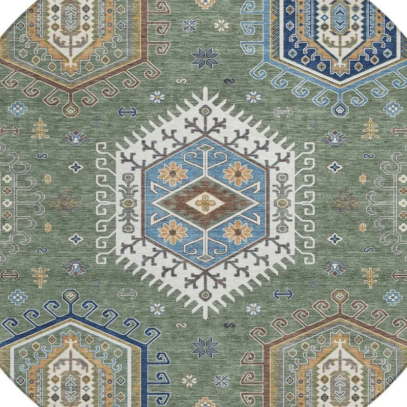 8' Green And Brown Round Tribal Washable Indoor Outdoor Area Rug Homeroots Outdoor