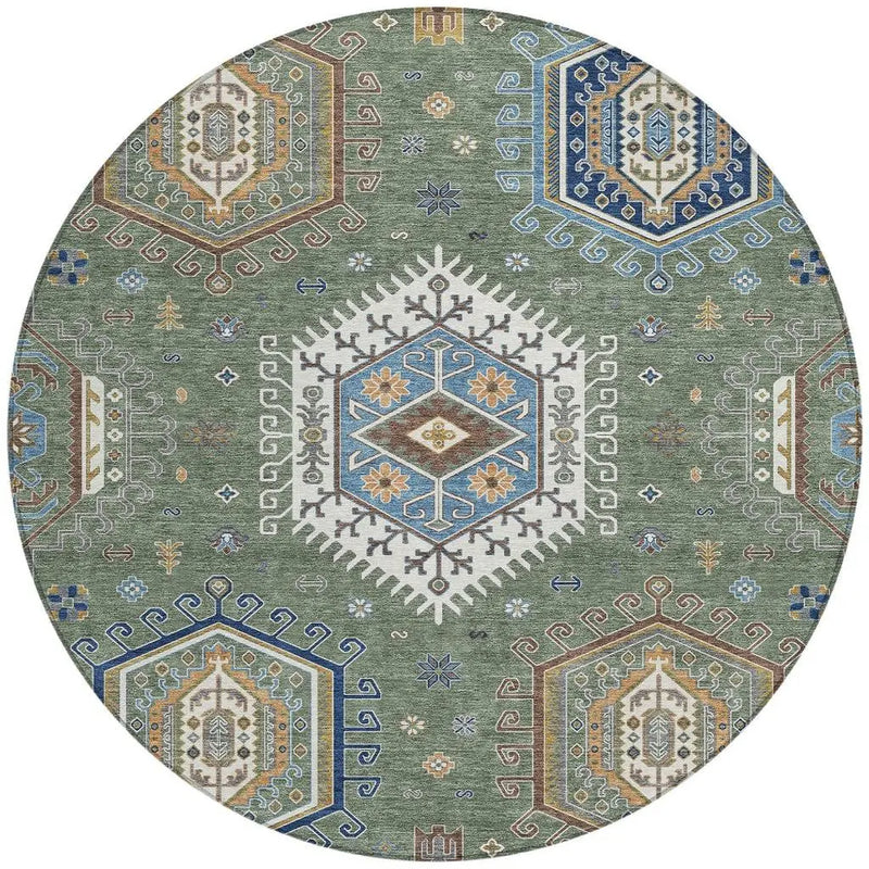 8' Green And Brown Round Tribal Washable Indoor Outdoor Area Rug Homeroots Outdoor