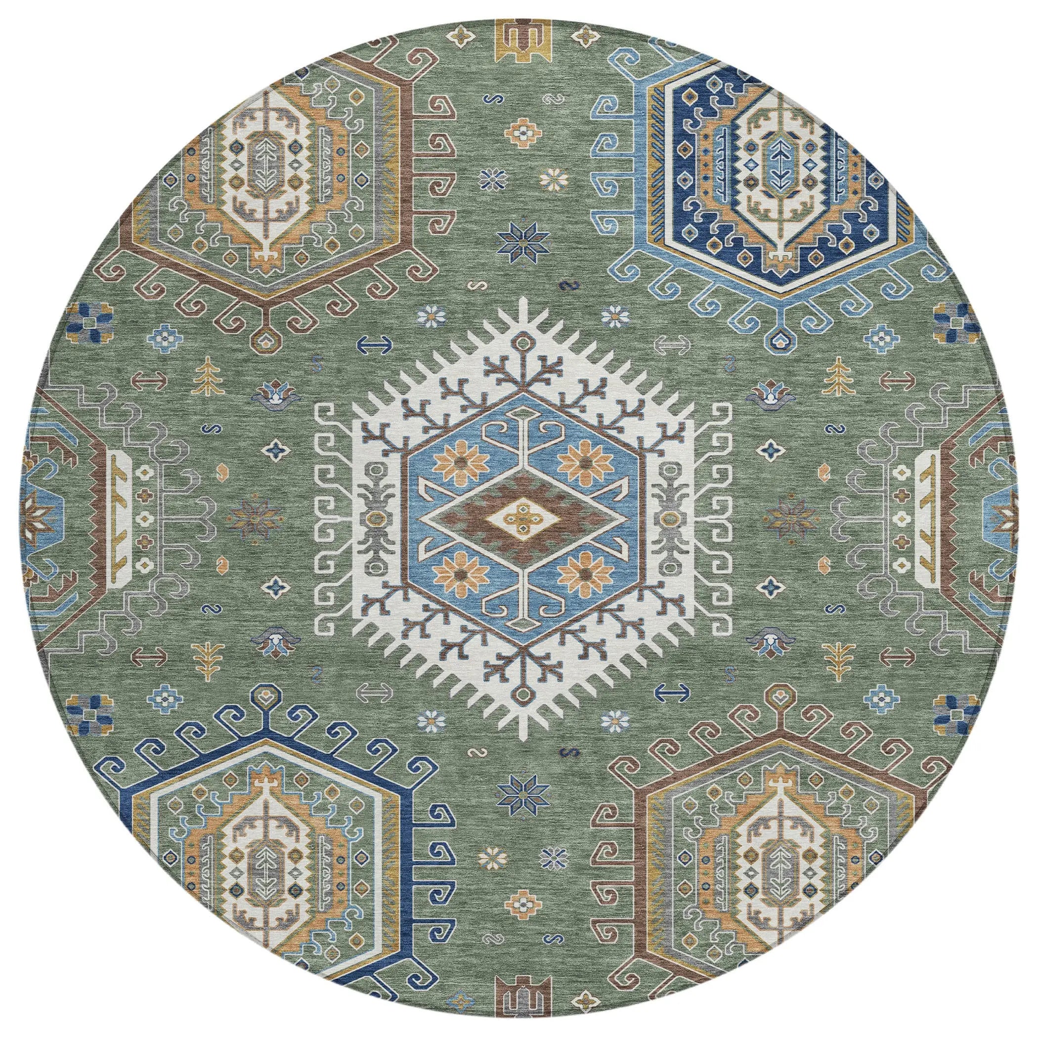 8' Green And Brown Round Tribal Washable Indoor Outdoor Area Rug Homeroots Outdoor