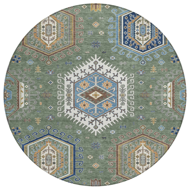 8' Green And Brown Round Tribal Washable Indoor Outdoor Area Rug Homeroots Outdoor