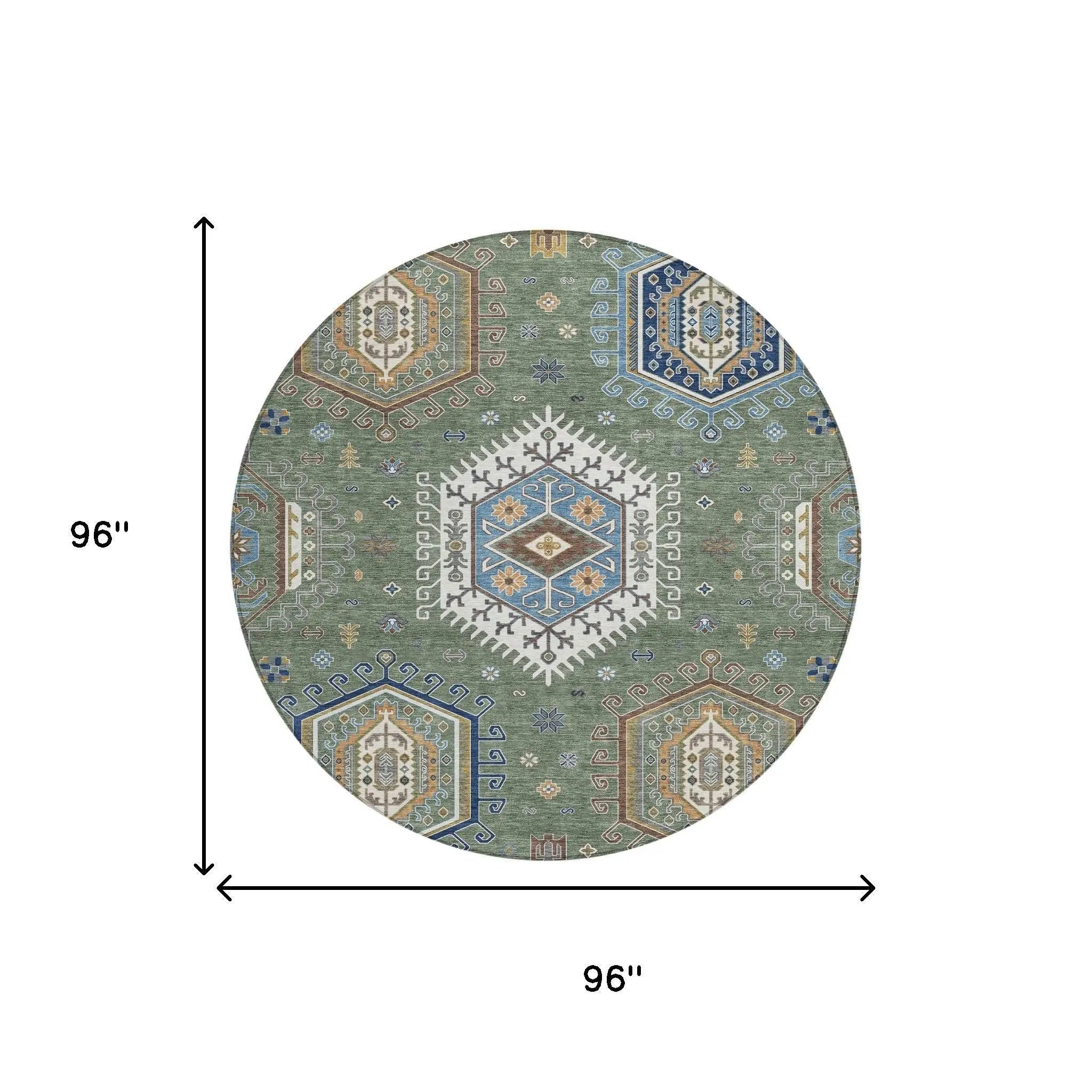 8' Green And Brown Round Tribal Washable Indoor Outdoor Area Rug Homeroots Outdoor