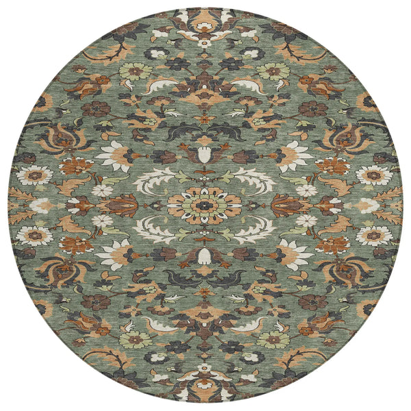 8' Green And Charcoal Round Floral Medallion Washable Indoor Outdoor Area Rug Homeroots Outdoor