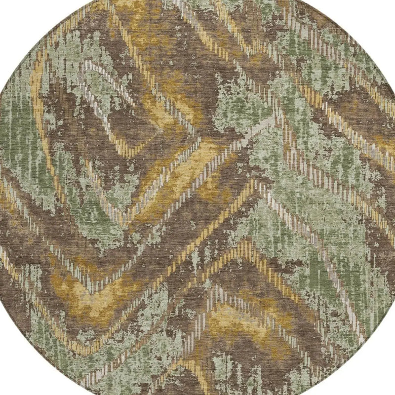 8' Green And Chocolate Round Abstract Washable Indoor Outdoor Area Rug Homeroots Outdoor
