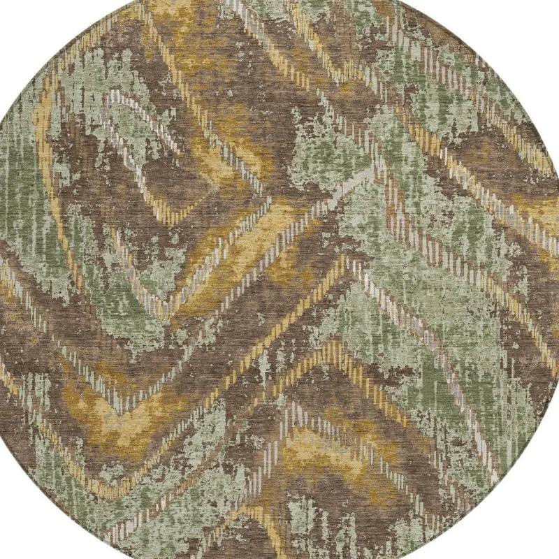 8' Green And Chocolate Round Abstract Washable Indoor Outdoor Area Rug Homeroots Outdoor
