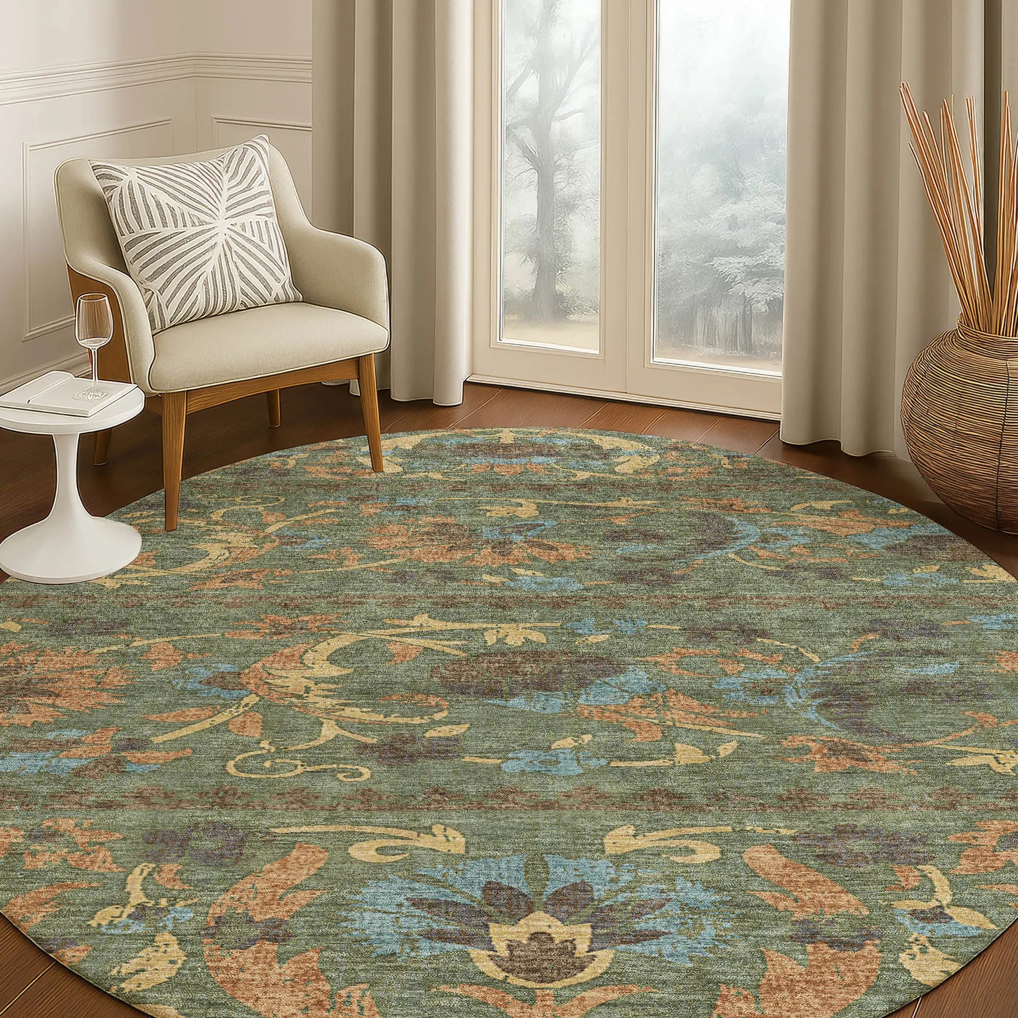 8' Green And Copper Round Floral Washable Indoor Outdoor Area Rug Homeroots Outdoor