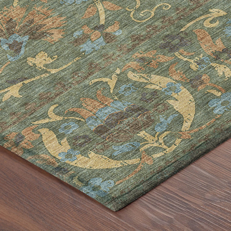 8' Green And Copper Round Floral Washable Indoor Outdoor Area Rug Homeroots Outdoor