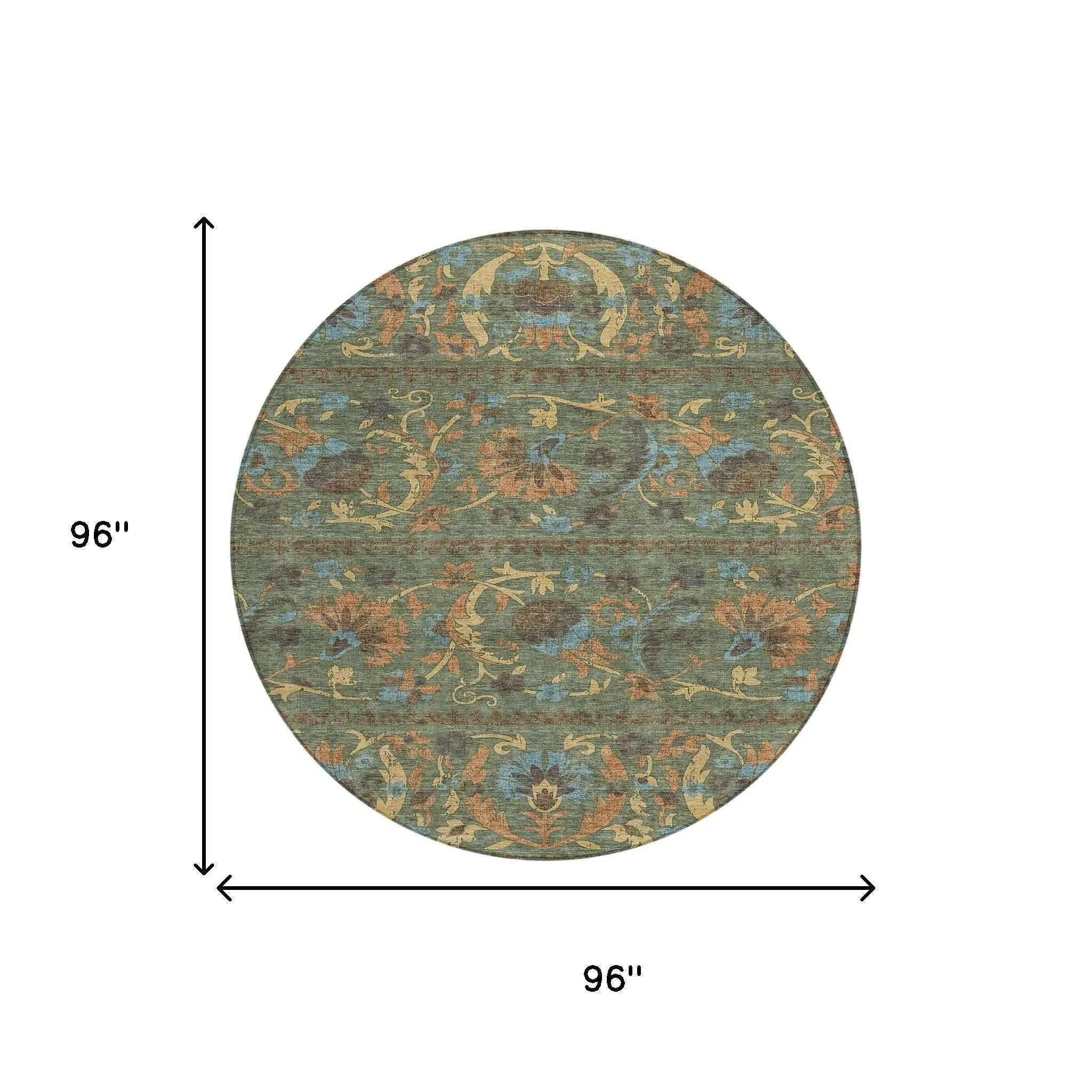 8' Green And Copper Round Floral Washable Indoor Outdoor Area Rug Homeroots Outdoor
