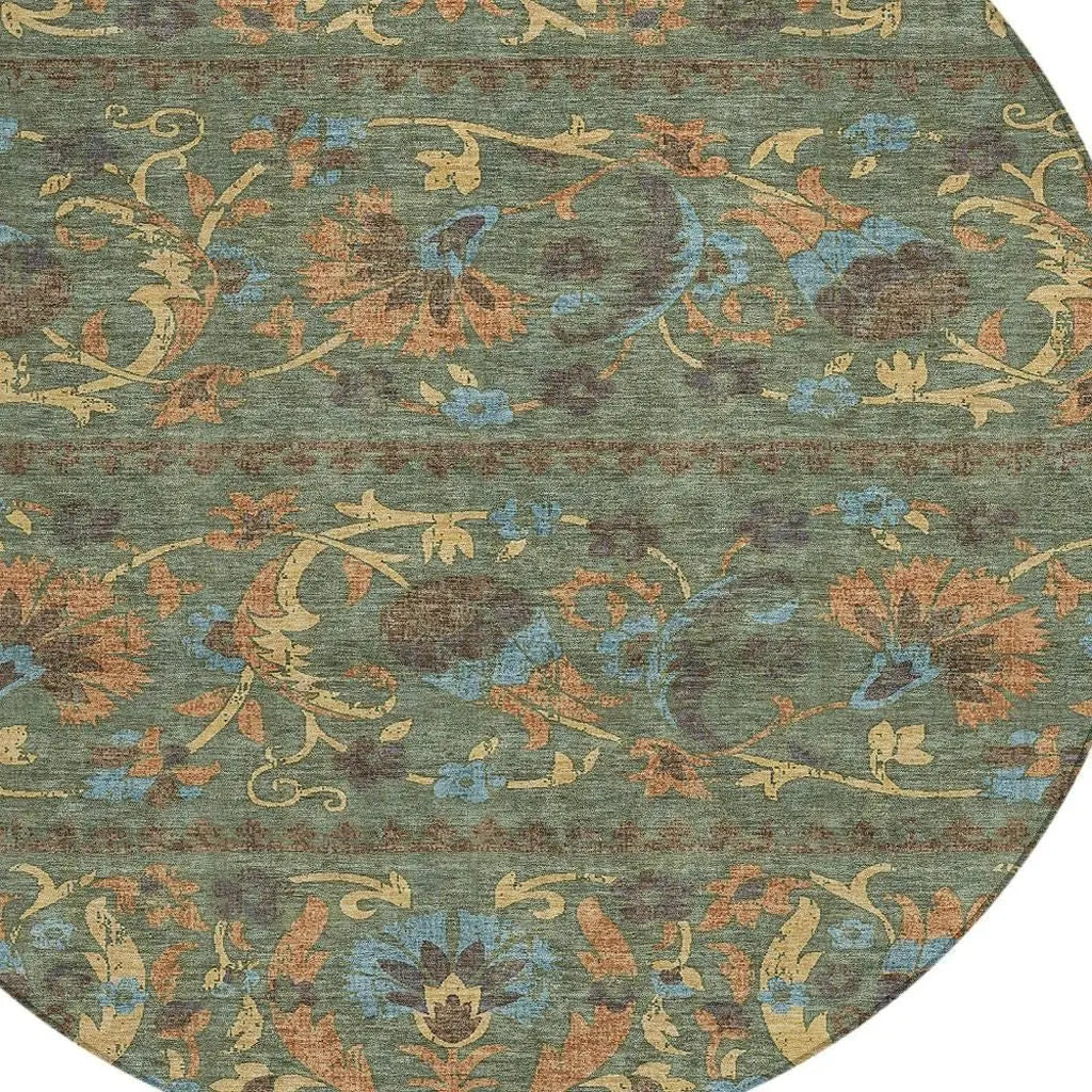 8' Green And Copper Round Floral Washable Indoor Outdoor Area Rug Homeroots Outdoor