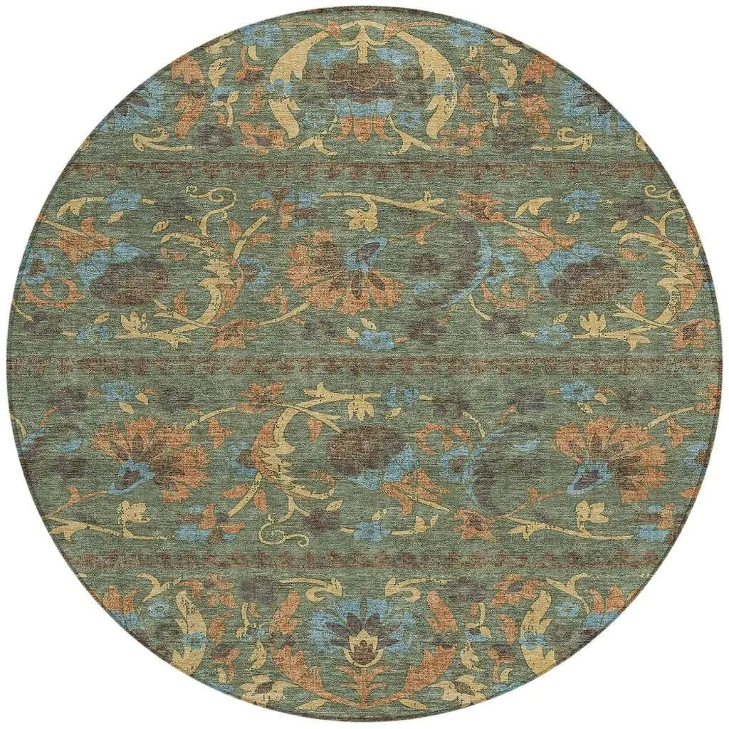 8' Green And Copper Round Floral Washable Indoor Outdoor Area Rug Homeroots Outdoor