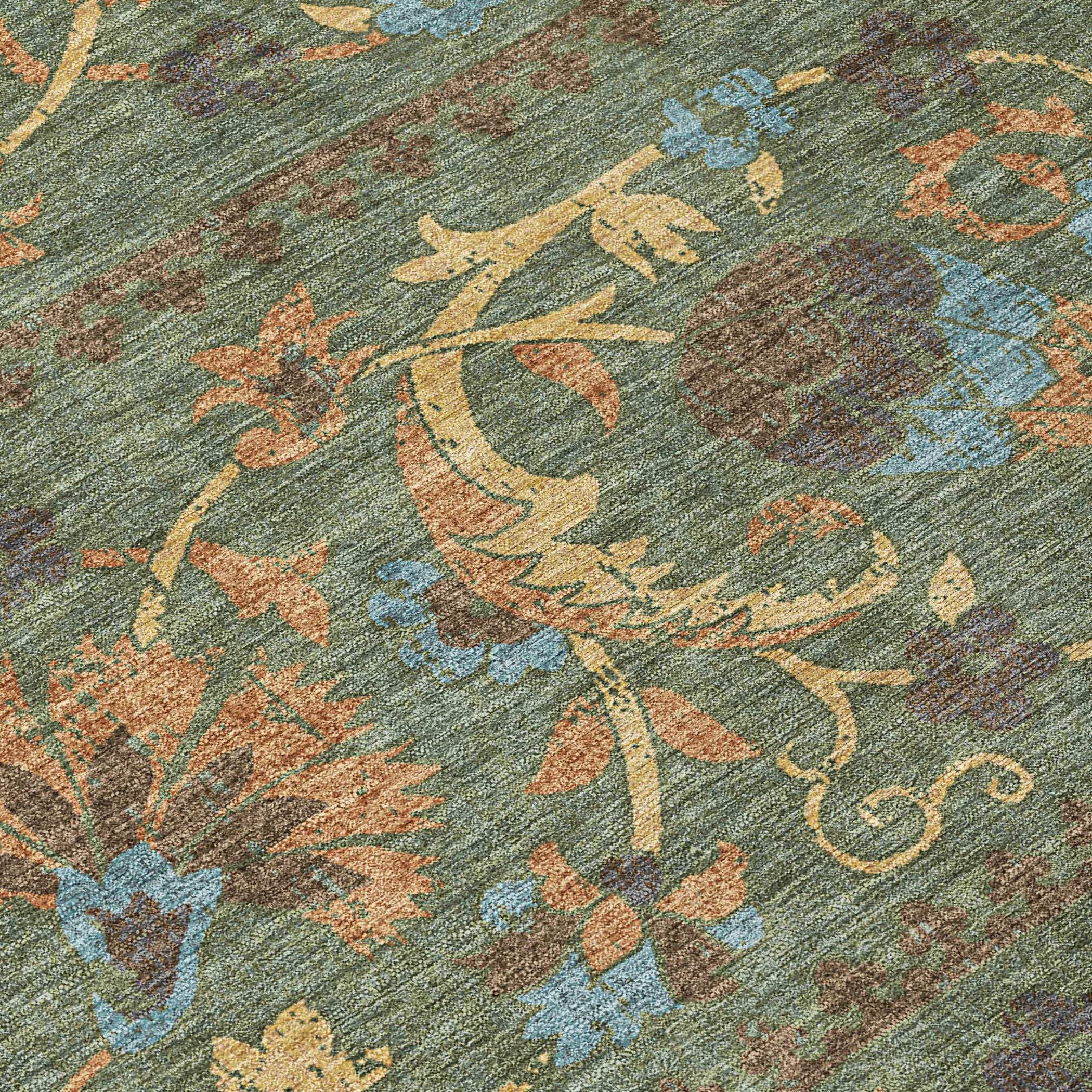 8' Green And Copper Round Floral Washable Indoor Outdoor Area Rug Homeroots Outdoor