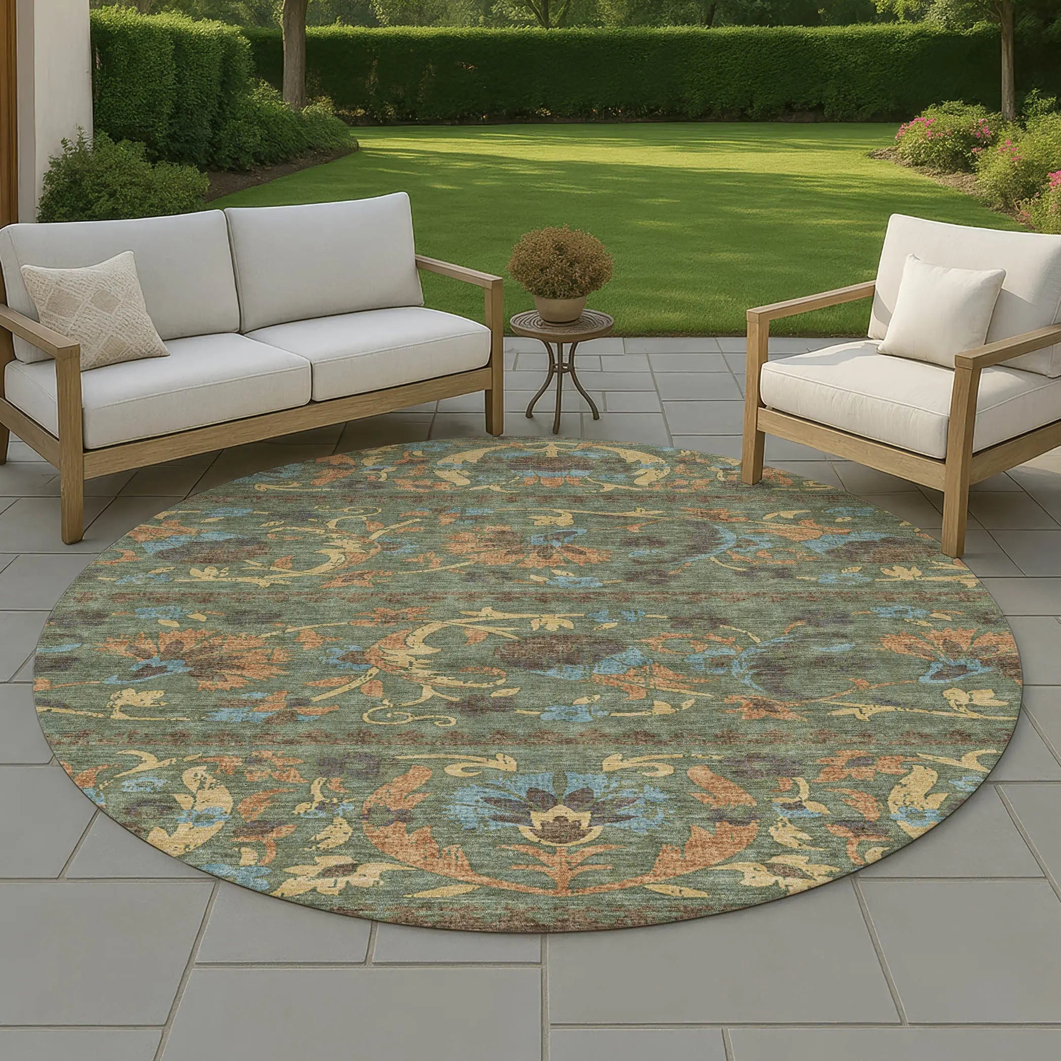 8' Green And Copper Round Floral Washable Indoor Outdoor Area Rug Homeroots Outdoor