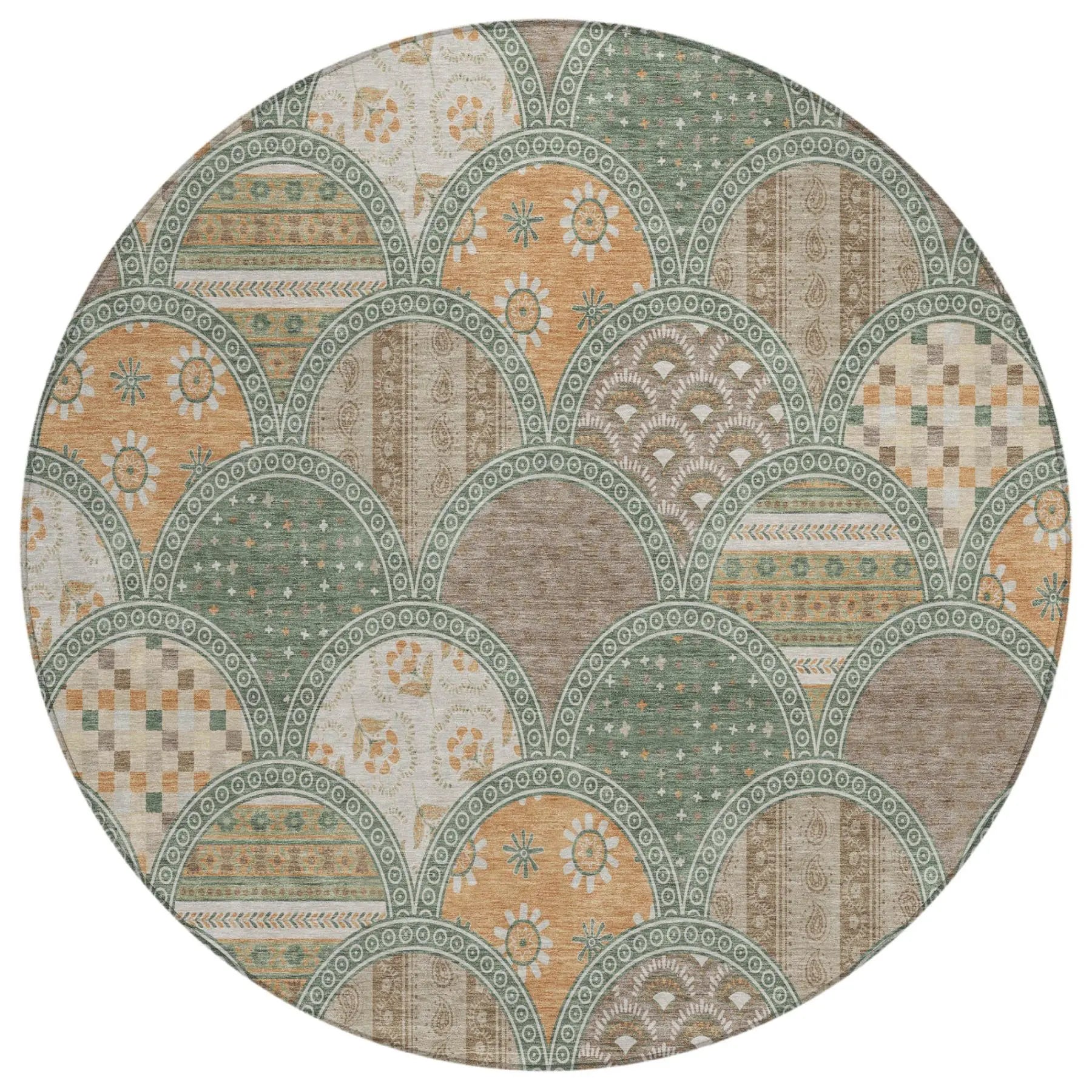 8' Green And Copper Round Geometric Washable Indoor Outdoor Area Rug Homeroots Outdoor