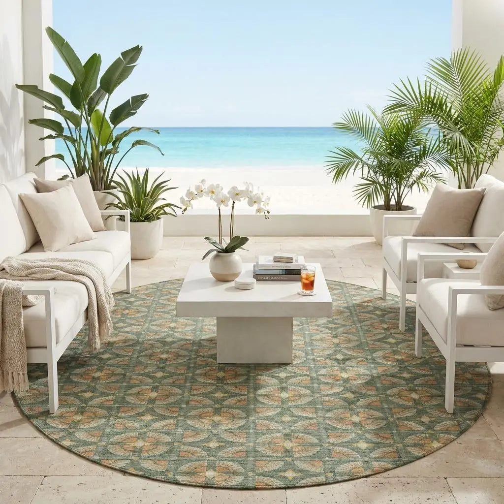 8' Green And Copper Round Geometric Washable Indoor Outdoor Area Rug Homeroots Outdoor