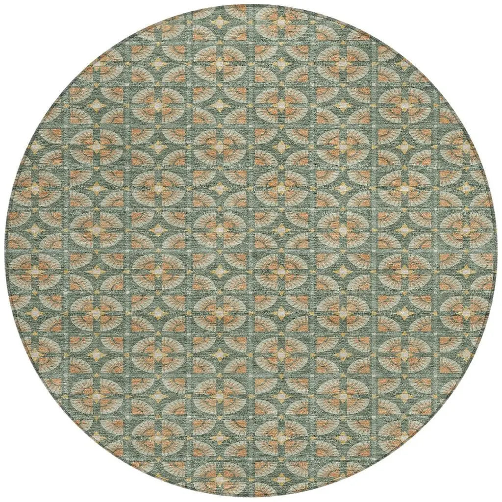 8' Green And Copper Round Geometric Washable Indoor Outdoor Area Rug Homeroots Outdoor