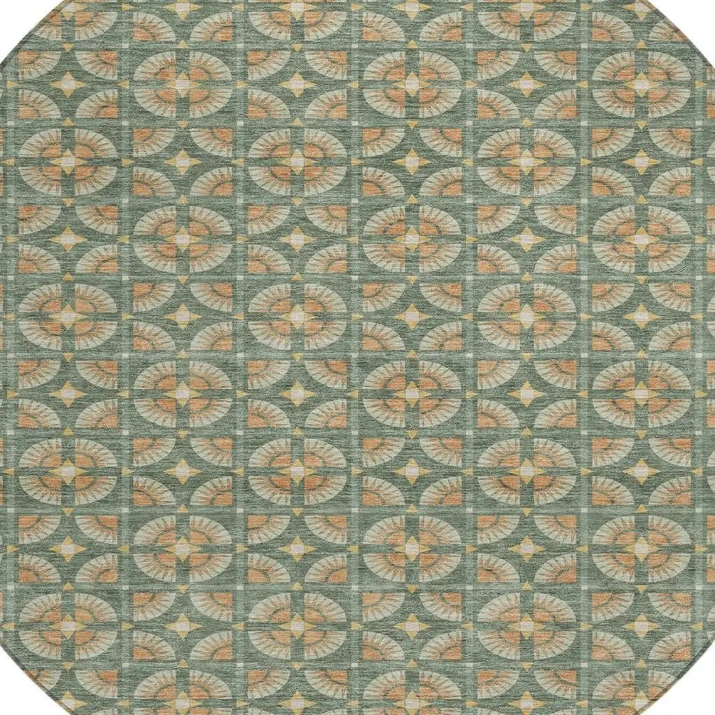 8' Green And Copper Round Geometric Washable Indoor Outdoor Area Rug Homeroots Outdoor