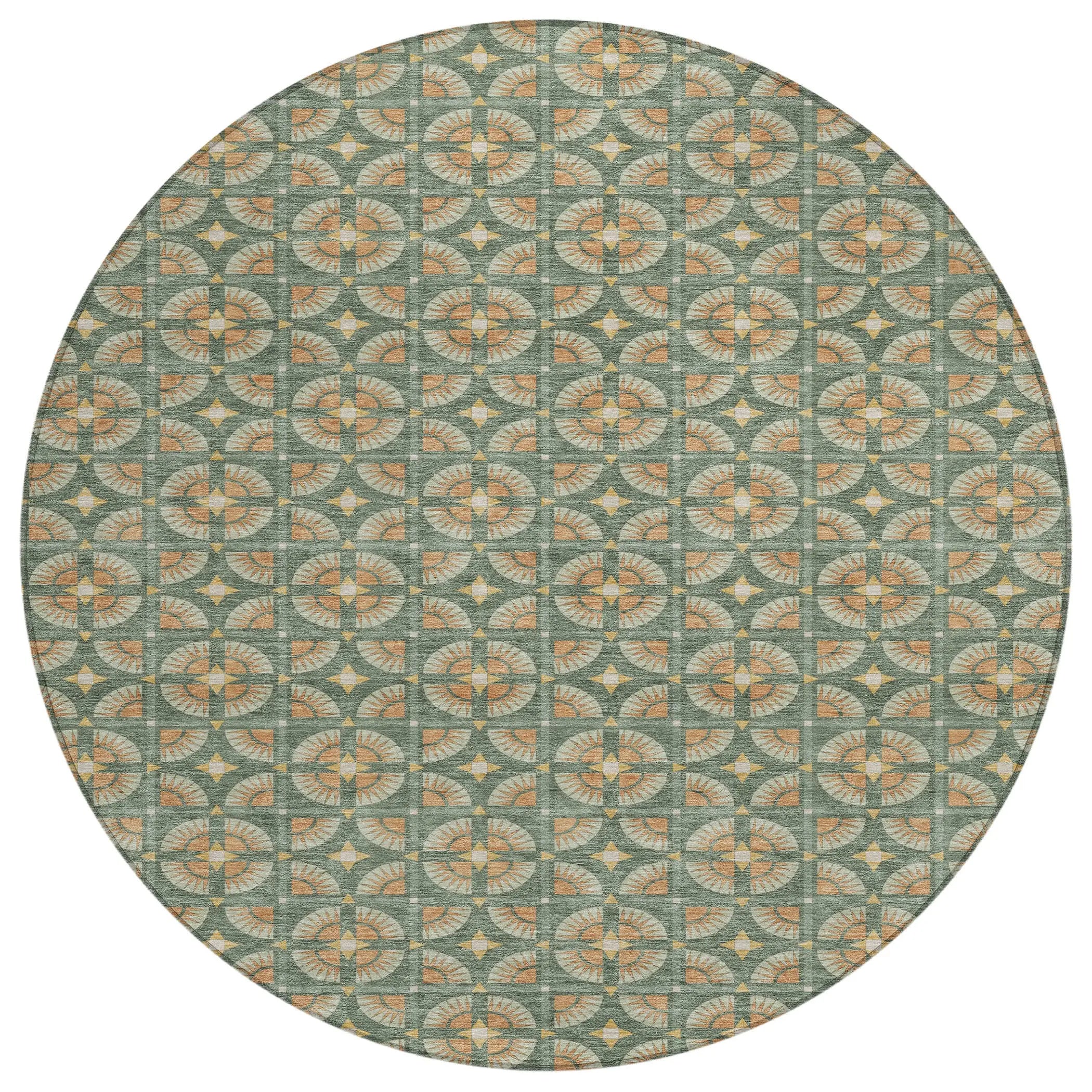 8' Green And Copper Round Geometric Washable Indoor Outdoor Area Rug Homeroots Outdoor