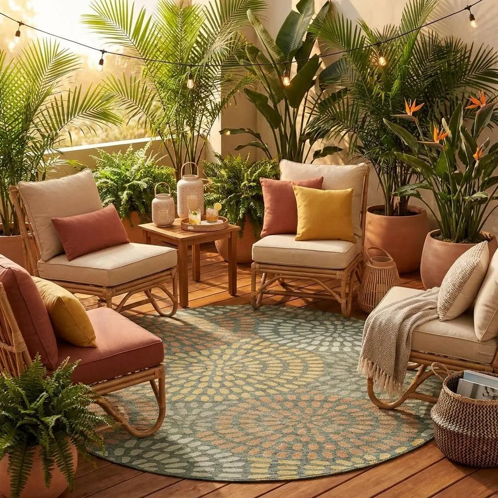 8' Green And Copper Round Geometric Washable Indoor Outdoor Area Rug Homeroots Outdoor