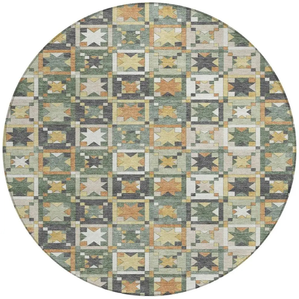 8' Green And Copper Round Patchwork Washable Indoor Outdoor Area Rug Homeroots Outdoor