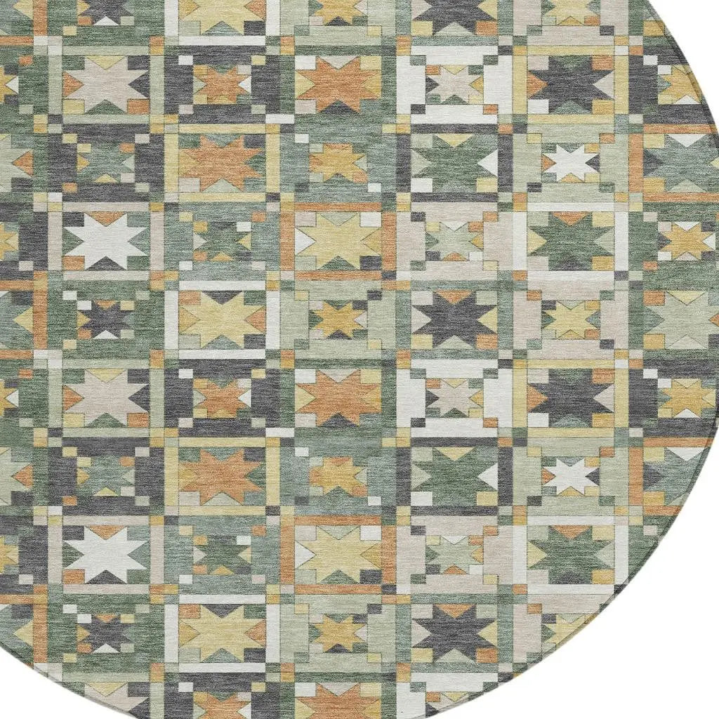 8' Green And Copper Round Patchwork Washable Indoor Outdoor Area Rug Homeroots Outdoor