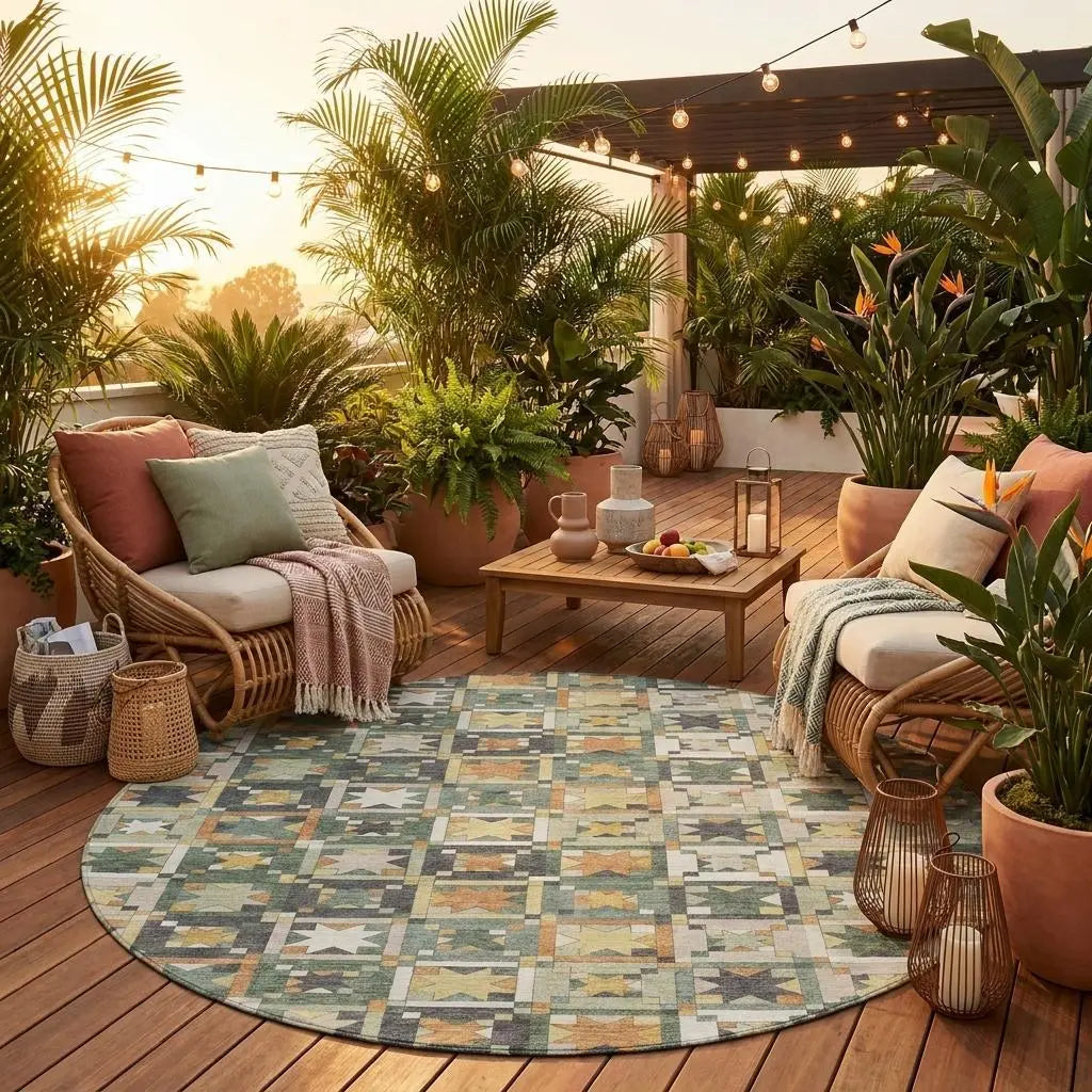 8' Green And Copper Round Patchwork Washable Indoor Outdoor Area Rug Homeroots Outdoor
