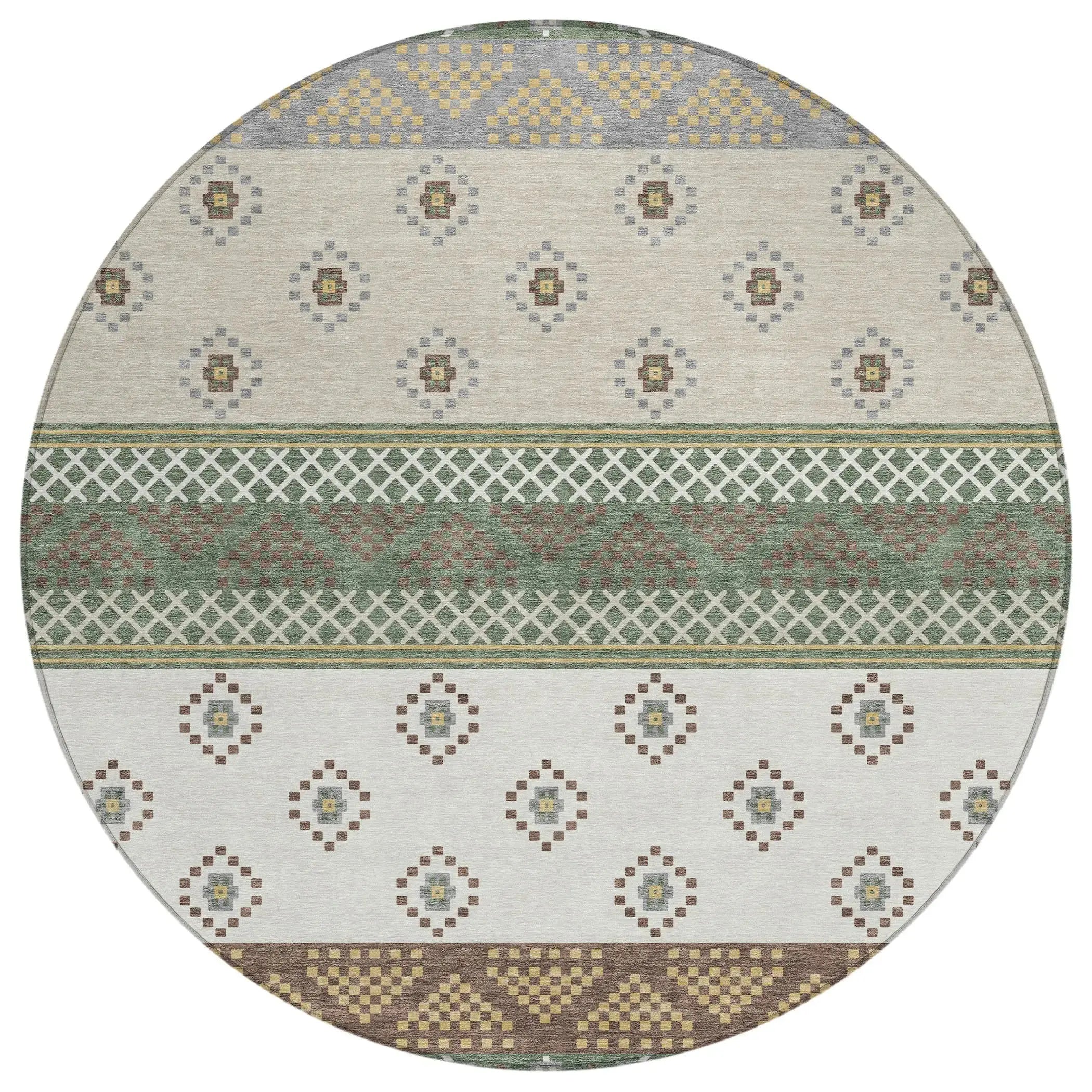 8' Green And Copper Round Striped Washable Indoor Outdoor Area Rug Homeroots Outdoor