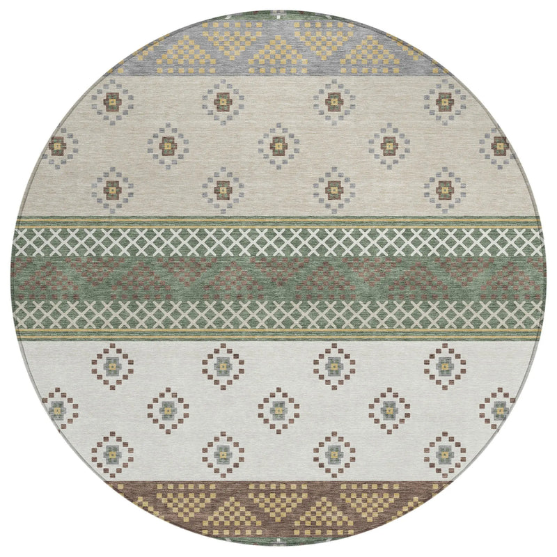 8' Green And Copper Round Striped Washable Indoor Outdoor Area Rug Homeroots Outdoor