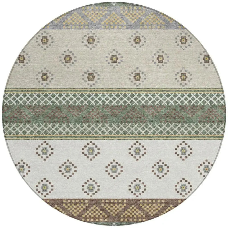 8' Green And Copper Round Striped Washable Indoor Outdoor Area Rug Homeroots Outdoor