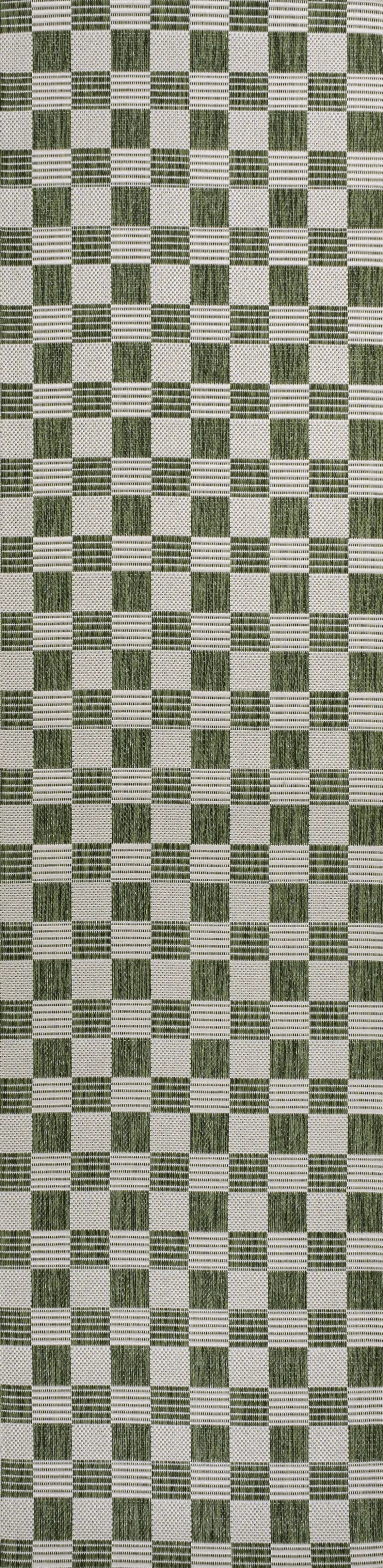 8' Green And Cream Geometric Indoor Outdoor Runner Rug Homeroots Outdoor