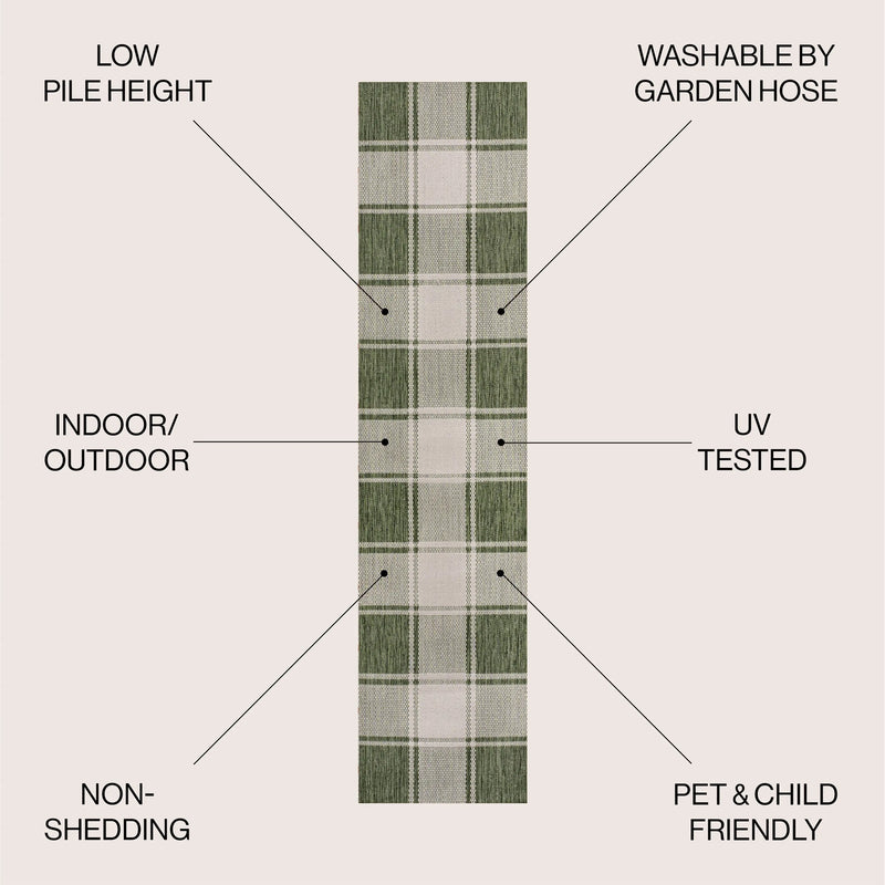 8' Green And Cream Gingham Indoor Outdoor Runner Rug Homeroots Outdoor