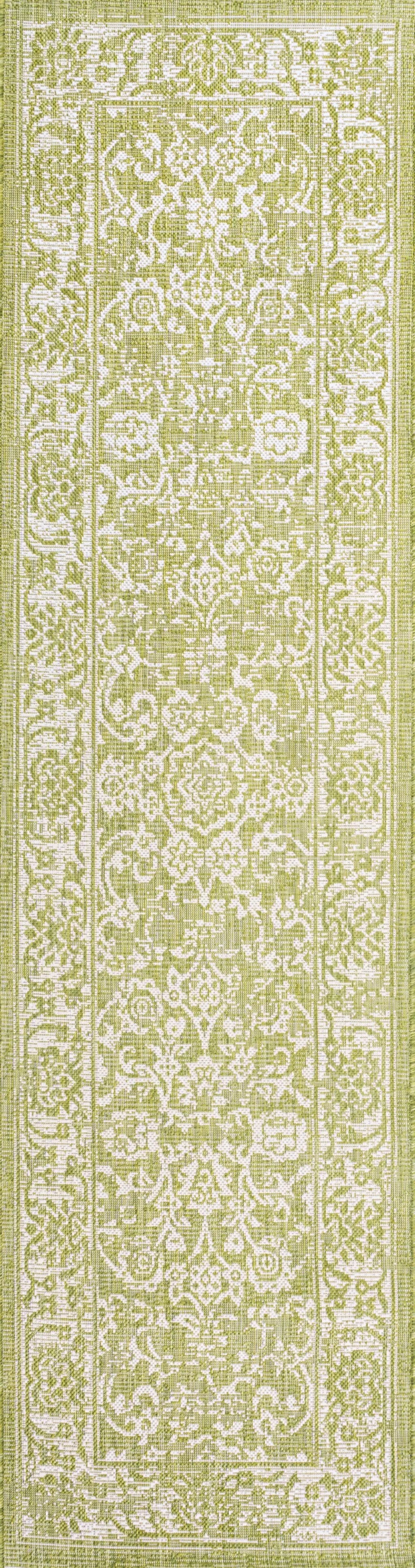8' Green And Cream Medallion Indoor Outdoor Runner Rug Homeroots Outdoor