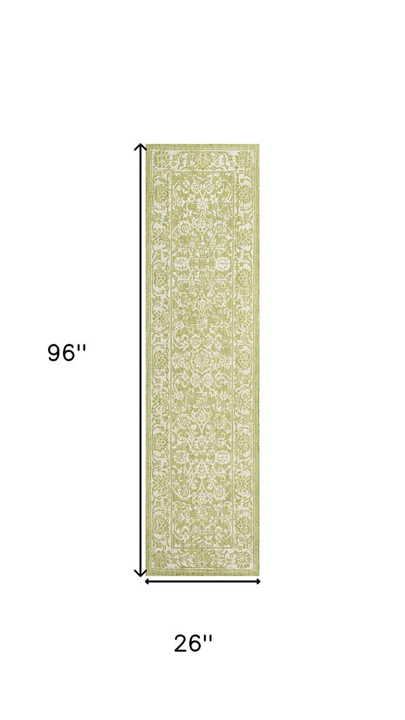 8' Green And Cream Medallion Indoor Outdoor Runner Rug Homeroots Outdoor