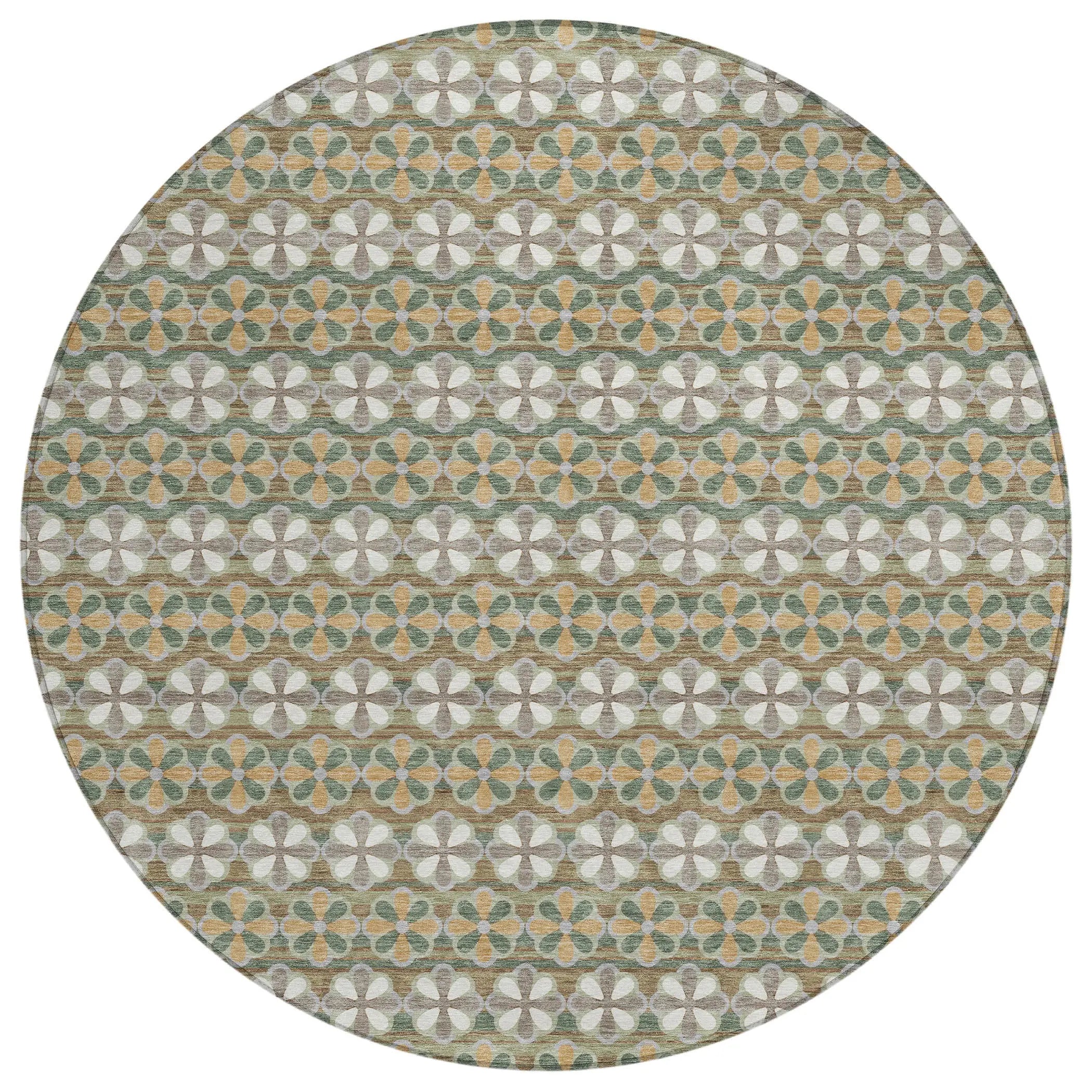 8' Green And Cream Round Striped Washable Indoor Outdoor Area Rug Homeroots Outdoor