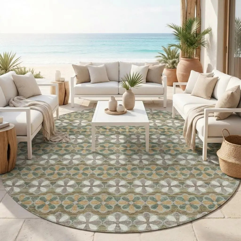 8' Green And Cream Round Striped Washable Indoor Outdoor Area Rug Homeroots Outdoor