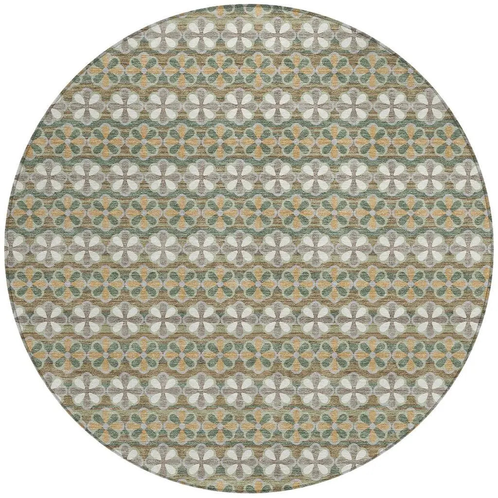 8' Green And Cream Round Striped Washable Indoor Outdoor Area Rug Homeroots Outdoor