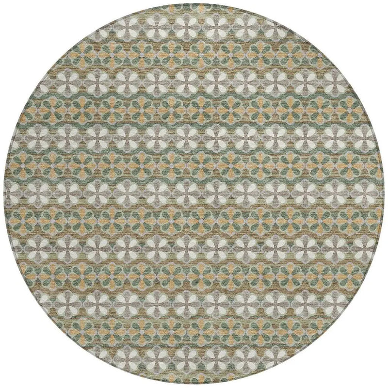 8' Green And Cream Round Striped Washable Indoor Outdoor Area Rug Homeroots Outdoor