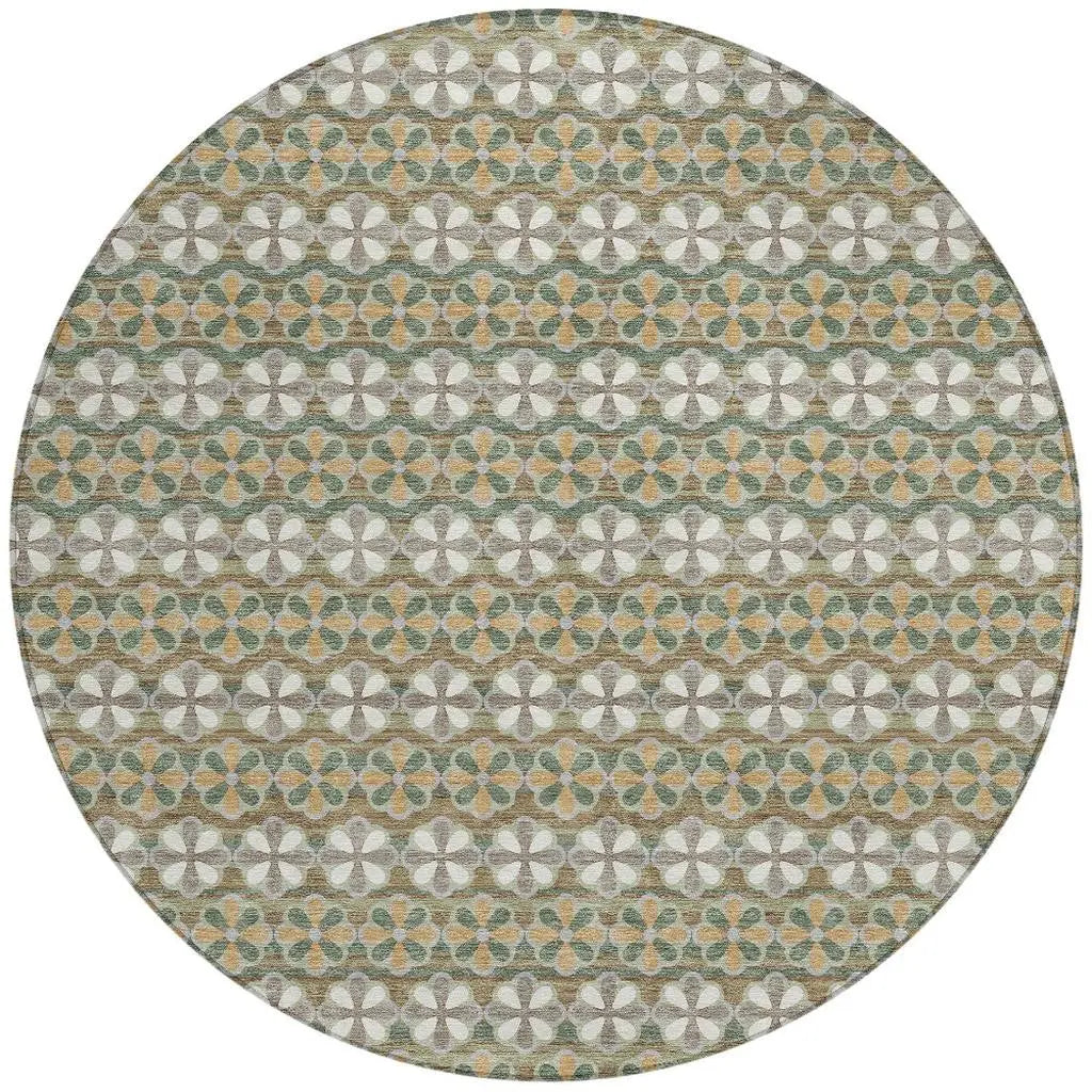 8' Green And Cream Round Striped Washable Indoor Outdoor Area Rug Homeroots Outdoor