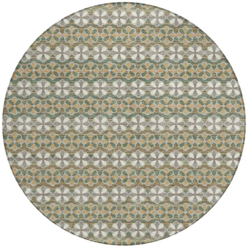 8' Green And Cream Round Striped Washable Indoor Outdoor Area Rug Homeroots Outdoor