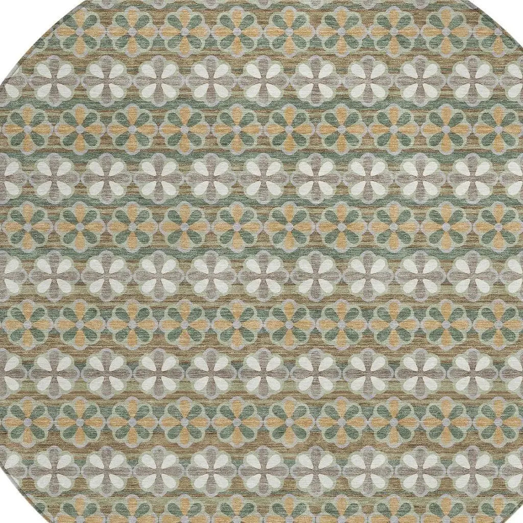 8' Green And Cream Round Striped Washable Indoor Outdoor Area Rug Homeroots Outdoor