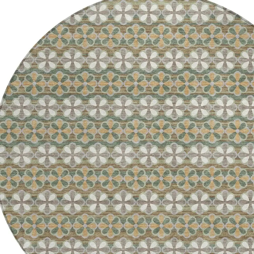 8' Green And Cream Round Striped Washable Indoor Outdoor Area Rug Homeroots Outdoor