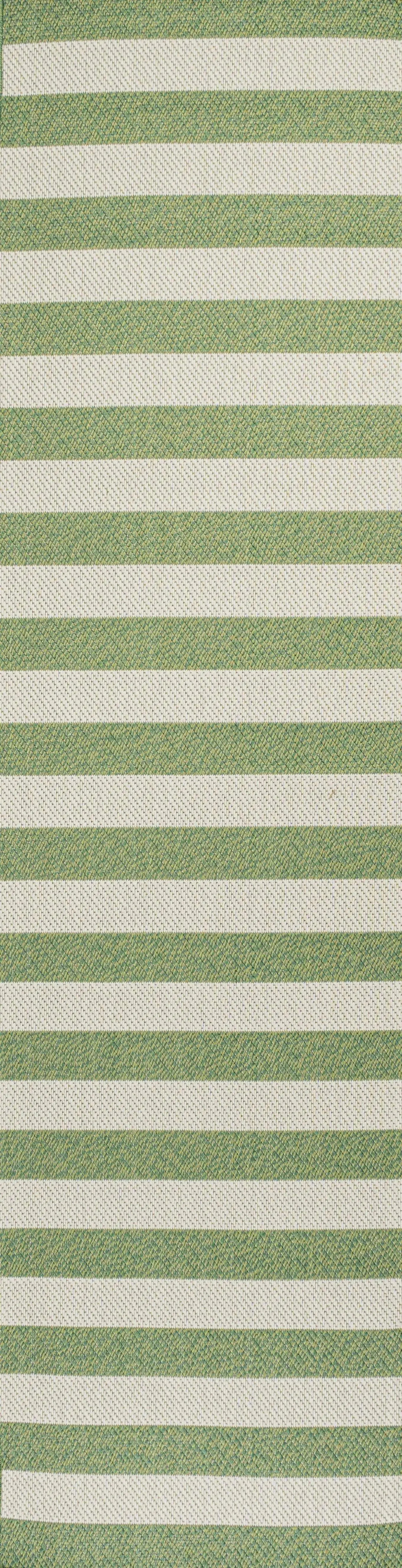 8' Green And Cream Striped Indoor Outdoor Runner Rug - GreatEagleInc