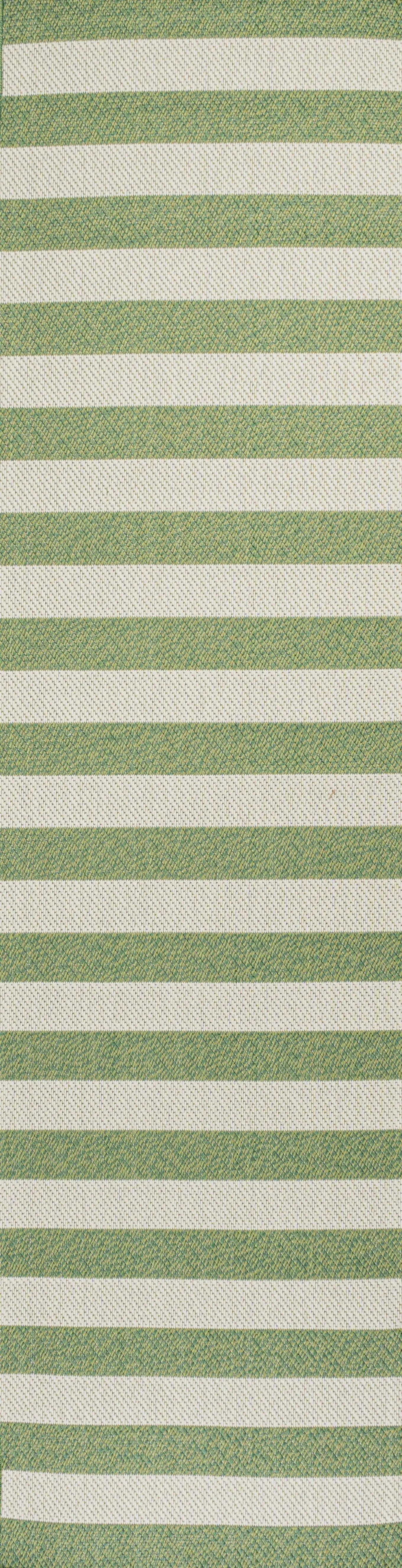 8' Green And Cream Striped Indoor Outdoor Runner Rug - GreatEagleInc